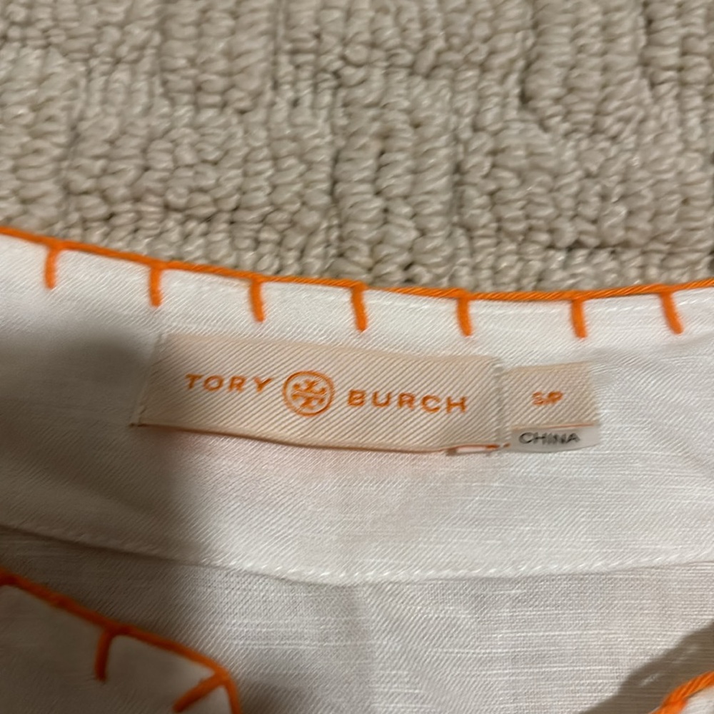 Tory Burch Short Tunic Linen Swim Cover Up White Orange Sz S - Picture 2 of 2